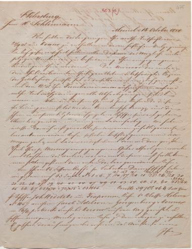 Letter sent by Meyer & Co. to Schliemann, Heinrich, 1854