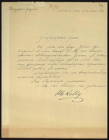Letter sent by Lelly, Ph. to Schliemann, Heinrich, 1882