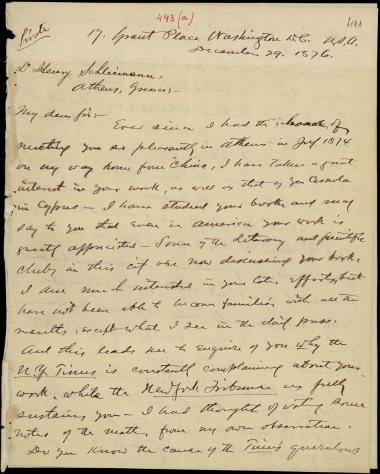 Letter sent by Flint, Weston to Schliemann, Heinrich, 1876