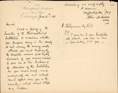 Letter sent by Philological Institution to Schliemann, Heinrich, 1883
