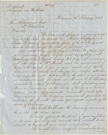 Letter sent by Fesser, F. & Co. to Schliemann, Heinrich, 1863