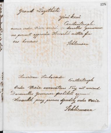 Copy of letter by Schliemann, Heinrich to Αριστάρχης, Σταυράκης  1876