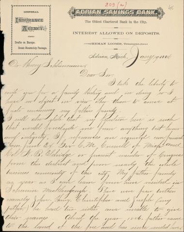 Letter sent by Schliemann, Andrew J. to Schliemann, Heinrich, 1884
