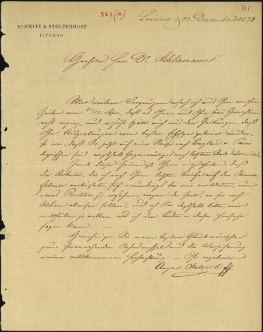 Letter sent by Stoltenhoff, August to Schliemann, Heinrich, 1878