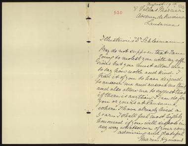 Letter sent by Hymans, Marie to Schliemann, Heinrich, 1885