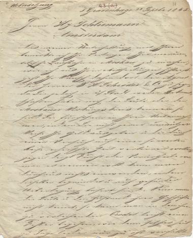 Letter sent by Zhivago, Sergei Afanasievich to Schliemann, Heinrich, 1845