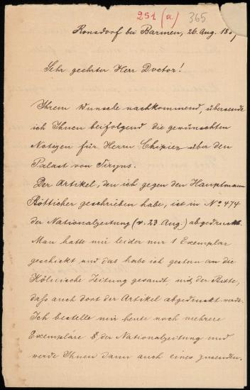 Letter sent by Dörpfeld, Wilhelm to Schliemann, Heinrich, 1889