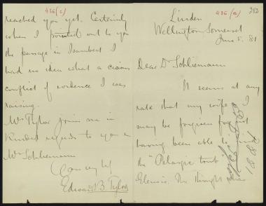 Letter sent by Tylor, Edward B. to Schliemann, Heinrich, 1881