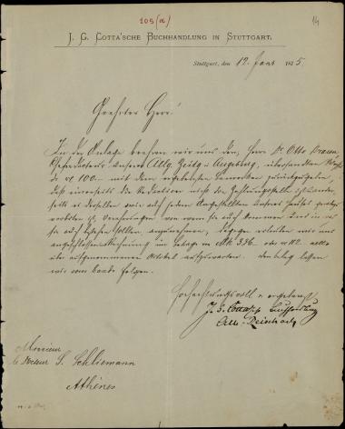 Letter sent by Cotta, J. G. to Schliemann, Heinrich, 1875