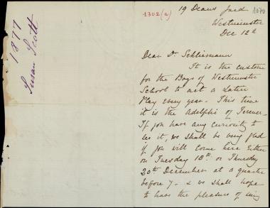 Letter sent by Scott, Susan G. to Schliemann, Heinrich, 1877