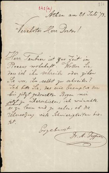 Letter sent by Deffner, Michel to Schliemann, Heinrich, 1873