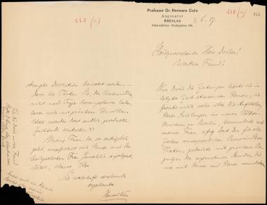 Letter sent by Cohn, Hermann to Schliemann, Heinrich, 1887