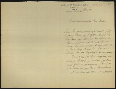 Letter sent by Cohn, Hermann to Schliemann, Heinrich, 1885