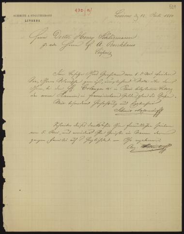 Letter sent by Stoltenhoff, August to Schliemann, Heinrich, 1880