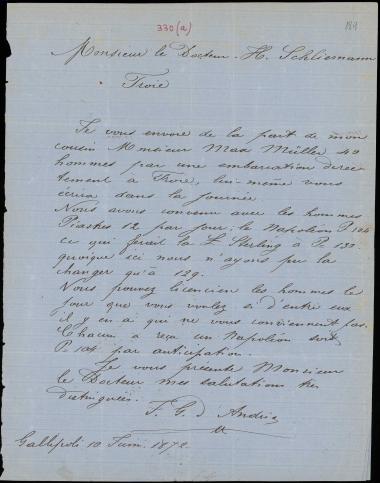 Letter sent by Andria, F. G. d' to Schliemann, Heinrich, 1872