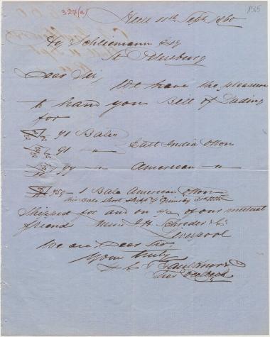 Letter sent by Faulkner, C. F. & Co. to Schliemann, Heinrich, 1860