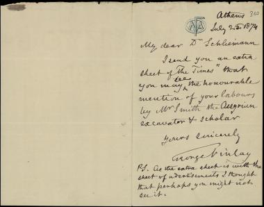 Letter sent by Finlay, George to Schliemann, Heinrich, 1874