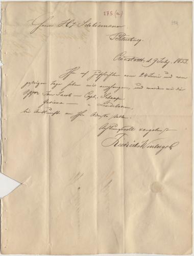 Letter sent by Winberg, Friedrich & Co. to Schliemann, Heinrich, 1853