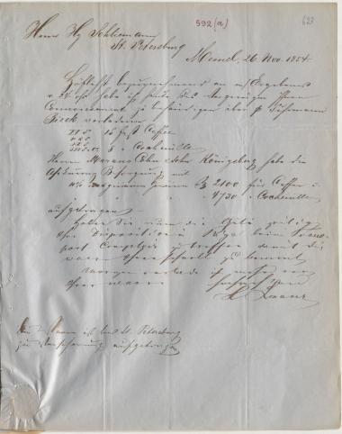Letter sent by Laaser, H. to Schliemann, Heinrich, 1854
