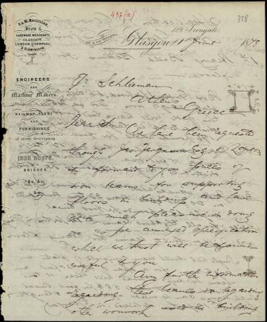 Letter sent by Maclellan, P. and Maclellan, W. to Schliemann, Heinrich, 1878