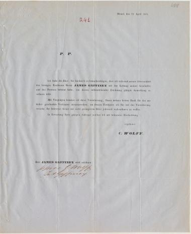 Letter sent by Wolff, C. to Schliemann, Heinrich, 1855