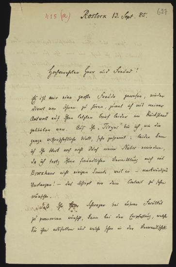 Letter sent by Fritzsche, Franz Volkmar to Schliemann, Heinrich, 1885