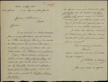 Letter sent by Leveillé de Baulac, P. to Schliemann, Heinrich, 1876