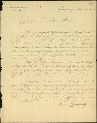 Letter sent by Stoltenhoff, August to Schliemann, Heinrich, 1879