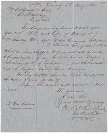 Letter sent by Faulkner, C. F. & Co. to Schliemann, Heinrich, 1860