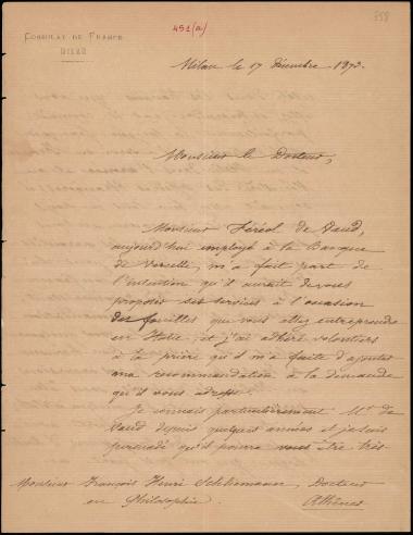 Letter sent by Algier, Th. to Schliemann, Heinrich, 1873