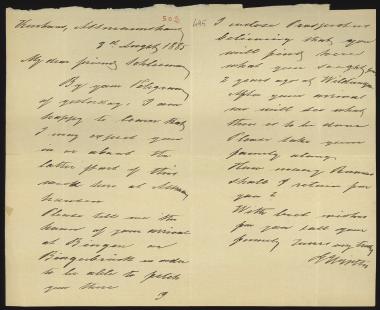 Letter sent by Wirths, Edward to Schliemann, Heinrich, 1885