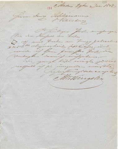 Letter sent by Kingelin, Abr. to Schliemann, Heinrich, 1848