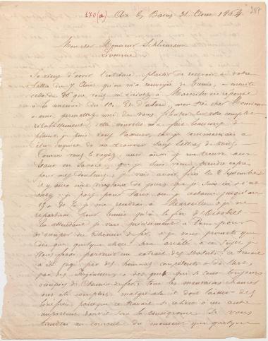Letter sent by Gaver, L. to Schliemann, Heinrich, 1864