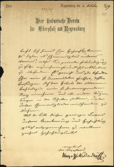 Letter sent by Der Historische Verein für Oberfalz und Regensburg to Schliemann, Heinrich, 1879