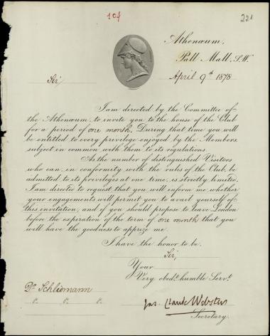 Letter sent by Athenaeum Club to Schliemann, Heinrich, 1878