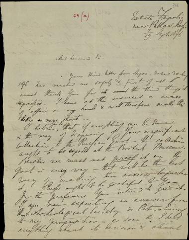 Letter sent by Bogouschevsky, Nicolas de to Schliemann, Heinrich, 1876