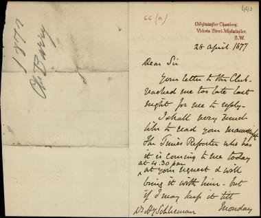 Letter sent by Barry, Charles to Schliemann, Heinrich, 1877