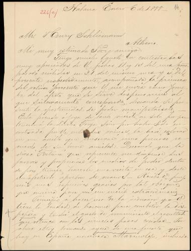 Letter sent by Ealo, Juan to Schliemann, Heinrich, 1888
