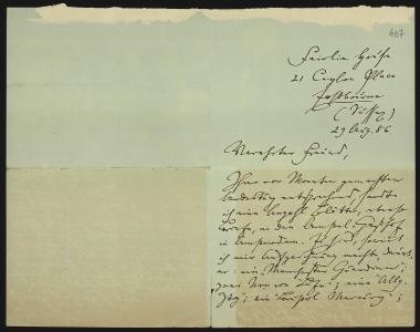 Letter sent by Blind, Karl to Schliemann, Heinrich, 1886