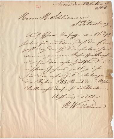 Letter sent by Wibbelmann, Hermann to Schliemann, Heinrich, 1862