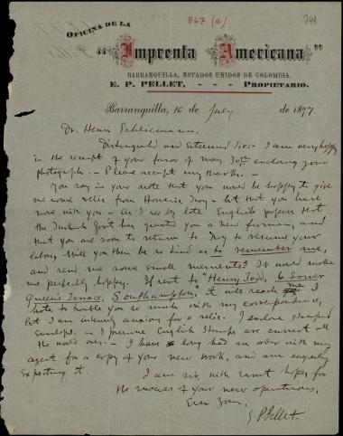 Letter sent by Pellet, E. P. to Schliemann, Heinrich, 1877