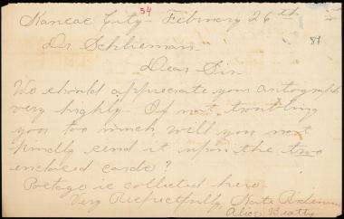 Letter sent by Ridenous, Kate  and Beatty, Alice to Schliemann, Heinrich, 1889