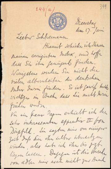 Letter sent by Mahaffy, John Pentland to Schliemann, Heinrich, 1885