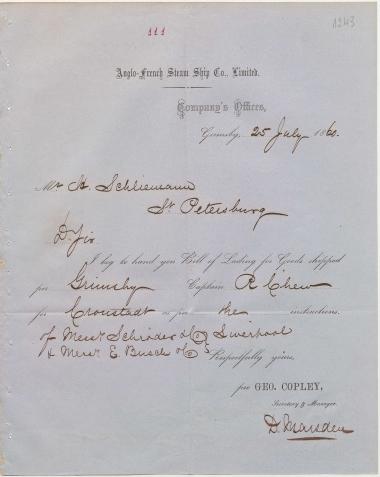 Letter sent by Anglo-French Steam Ship Co., Ltd. to Schliemann, Heinrich, 1860