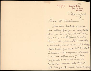 Letter sent by Baker, James to Schliemann, Heinrich, 1888