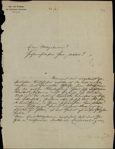 Letter sent by Lese- und Redehalle der deutschen Studenten in Prag to Schliemann, Heinrich, 1878
