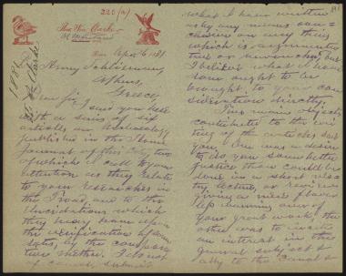 Letter sent by Clarke, Thomas William to Schliemann, Heinrich, 1881