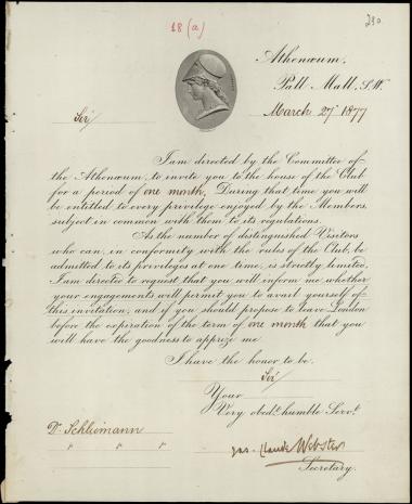Letter sent by Athenaeum Club to Schliemann, Heinrich, 1877