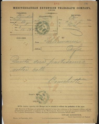 Letter sent by Bruschetti, ? to Schliemann, Heinrich, 1881