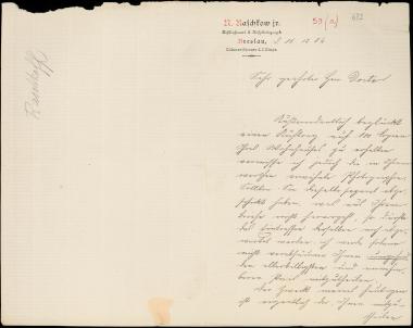 Letter sent by Raschkow, N. Jr. to Schliemann, Heinrich, 1884